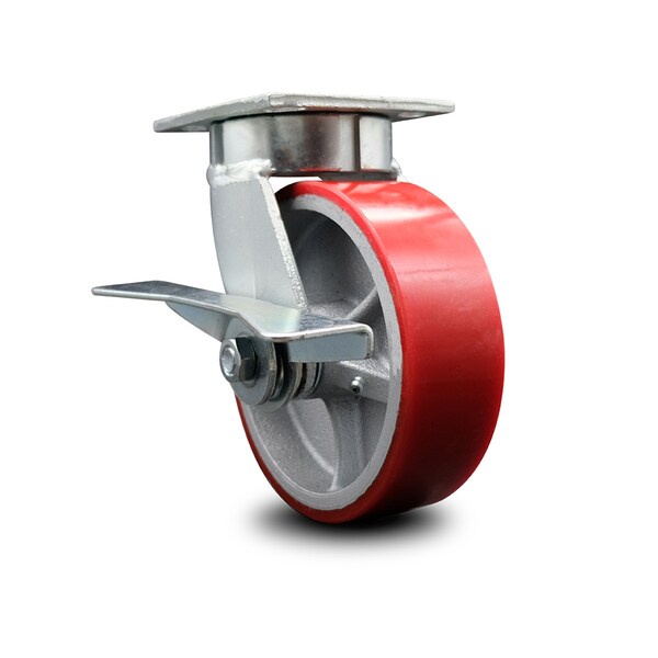 6 Inch Kingpinless Red Poly on Steel Wheel Swivel Caster with Brake SCC